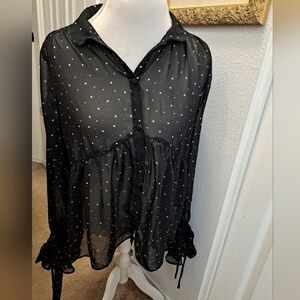 The Edit Sheer Black Baby Doll Blouse With Stars & Bell Tie Sleeves  Size M